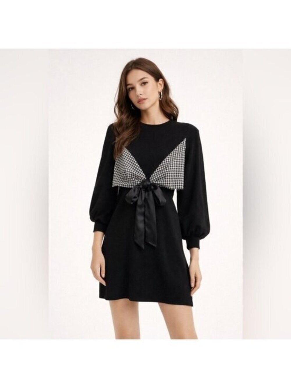 Macy McCoy Elegant Black Crewneck Dress with Houndstooth Accents